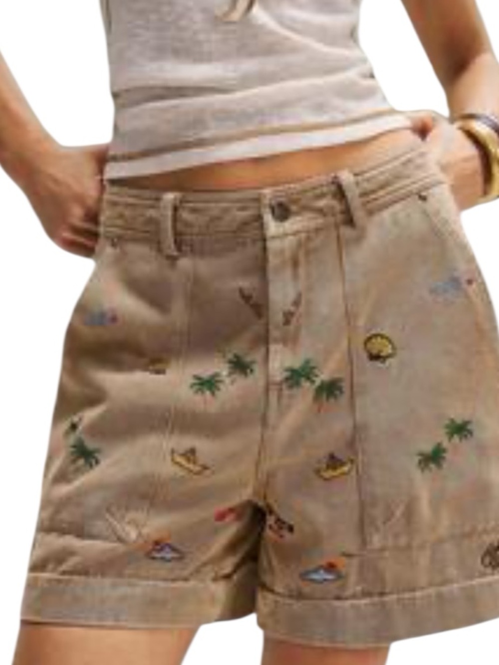 Bohemela Women's Embroidered Tan Bermuda Shorts